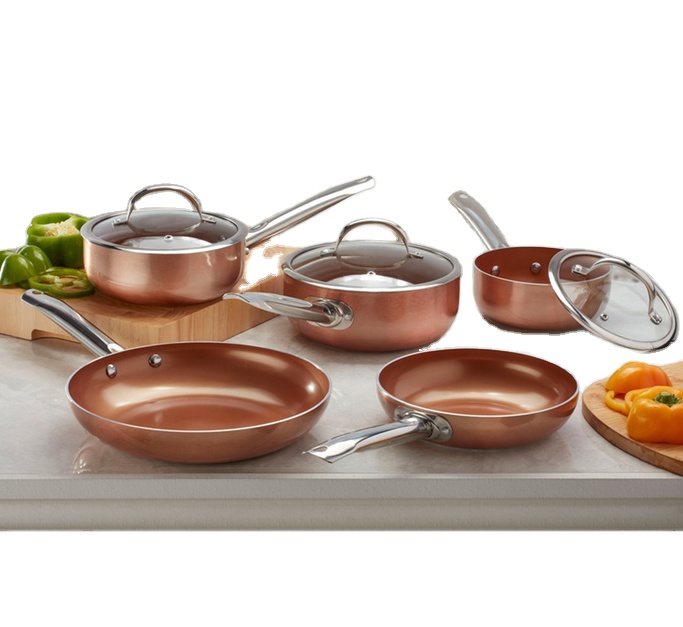 Высококачественный медный керамический frypan, алюминий, 8 шт. в комплекте с ручкой из нержавеющей стали, медная сковорода
