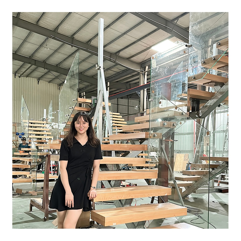 GAOBO American Canada House Wooden Indoor Glass railing Stair LED light Mono Stringer Wrought Iron Design Floating Staircase Kit
