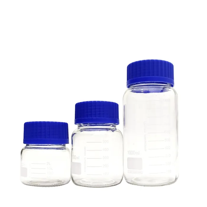 Empty wide-mouthed reagent bottle 250ml 500ml 1000ml clear glass bottle with blue screw cap