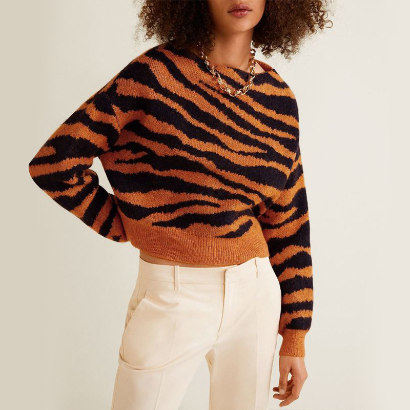 2021 Custom Winter Fall Zebra Knit Crop Top Women Sweaters Wool Mohair Cos Customize Crew Neck Women' S Crop Top Sweater