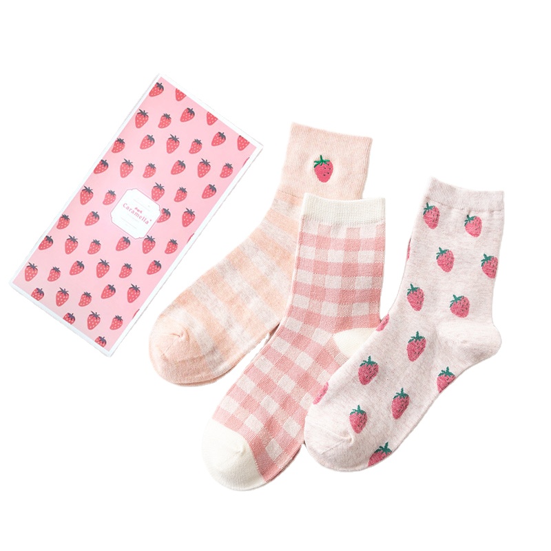 women in tube socks Korean style autumn and winter strawberry jacquard embroidery boxed socks