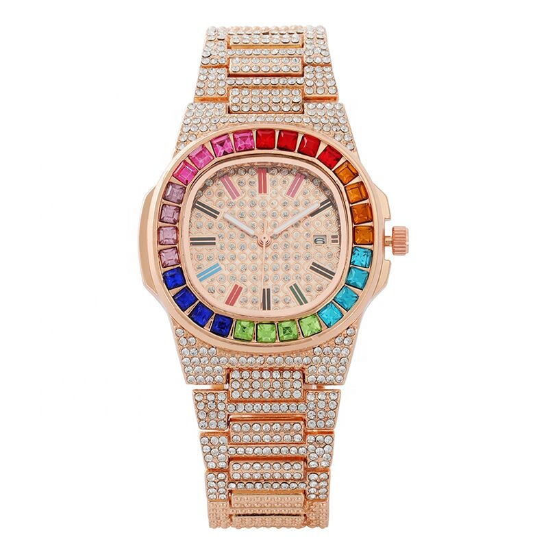 Hot sell style hip hop alloy and colorful diamond round quartz watch reloj de cuarzo redondo con diamantes
