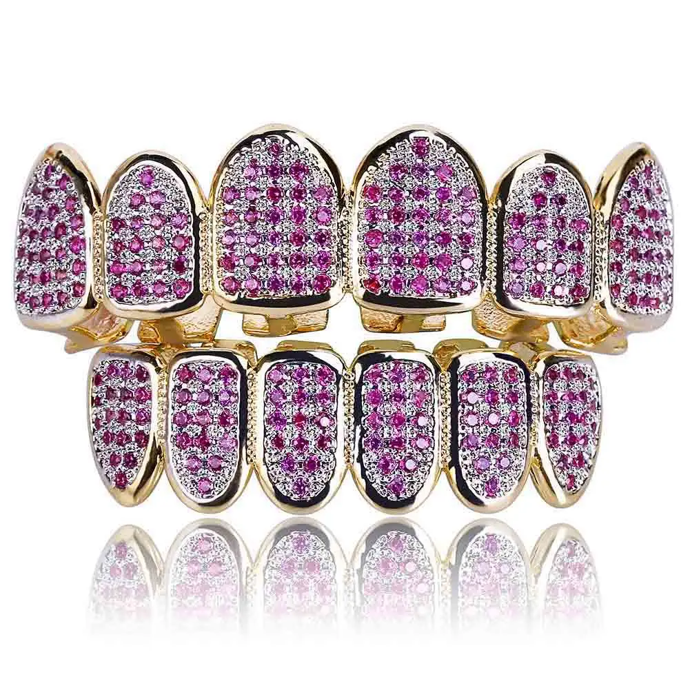Hip Hop Teeth Grillz Micro Pave Fuchsia CZ Stone Iced Out Top Bottom Grillz Set Vampire Teeth Mouth Bling Iced Out Jewelry Party