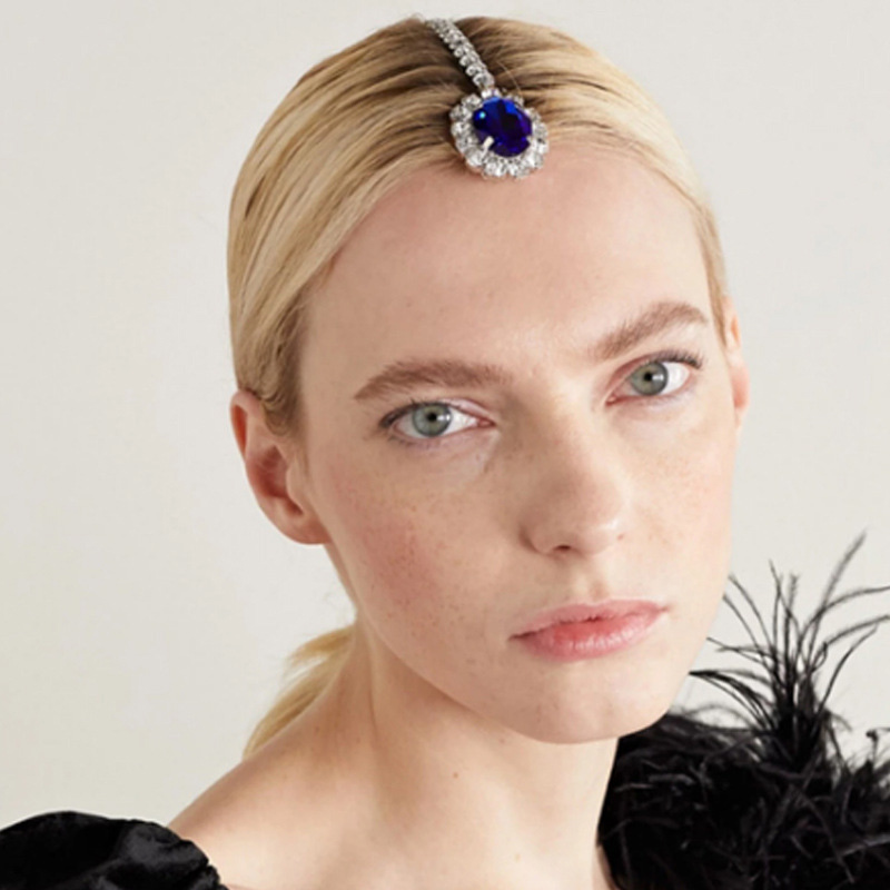Blue Crystal Forehead Chain Tassel Hair Accesories for Women Luxury Rhinestone Chain Bridal Hair Comb Chain Jewelry