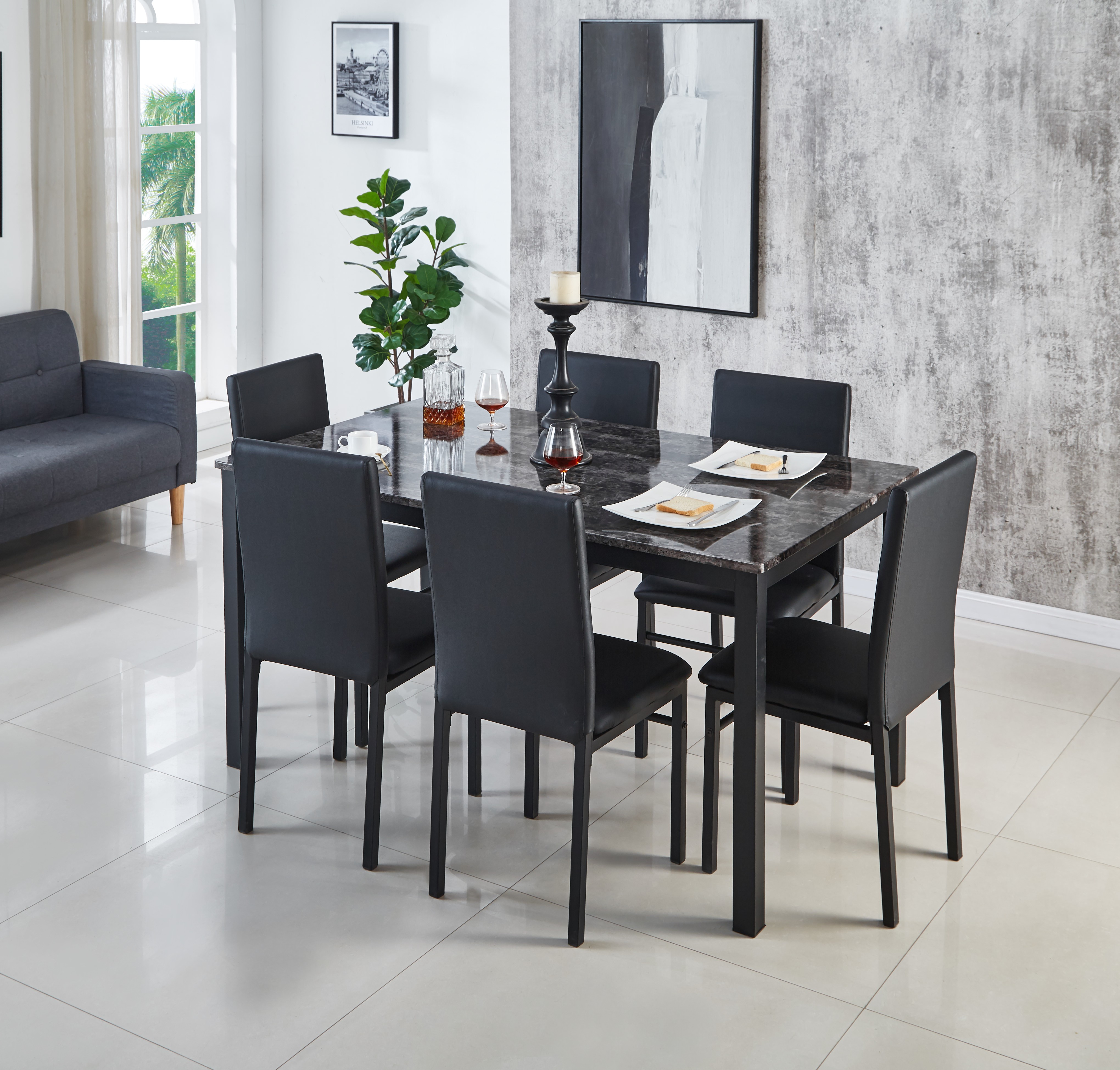 New design dining room furniture PU chair top 6chair set dining table and chairs Density board tabletop dining table sets.