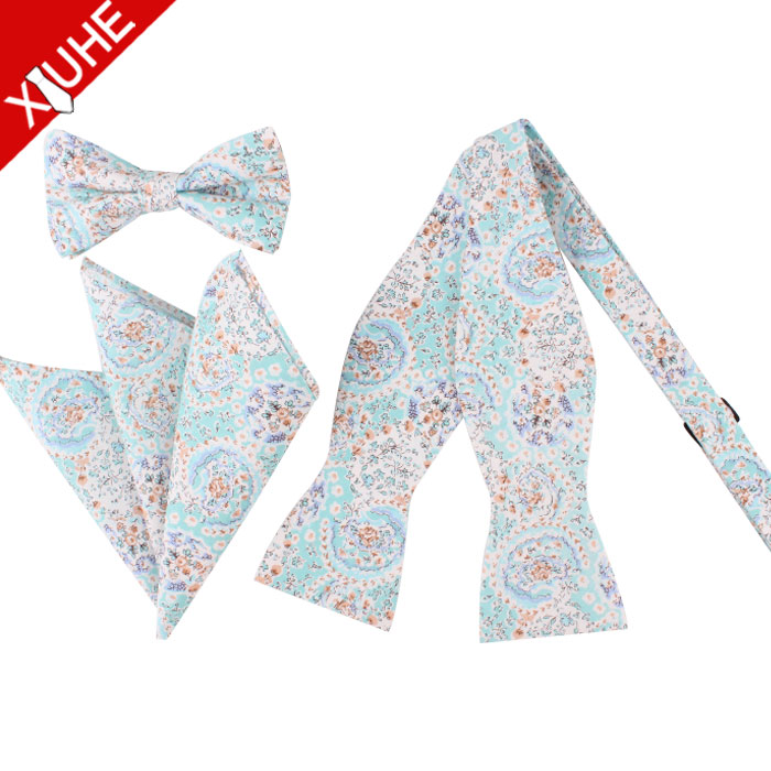 Latest Cotton Printing Pocket Square Pre Tied Bow Tie Handkerchief Set