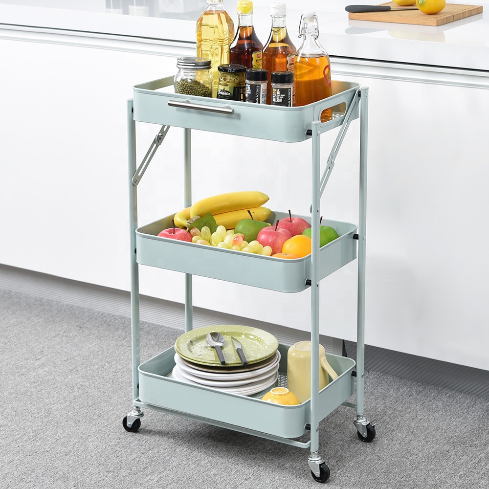 Wholesale Three Tier Utility Rolling Cart Kitchen Organization Foldable Trolley Cart Rack Storage Kitchen Holder Storage Holders