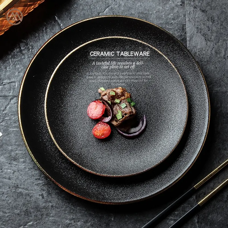 China Products Black Round Matte Dishes Porcelain Restaurant Plates Ceramic Plate Set For Hotel