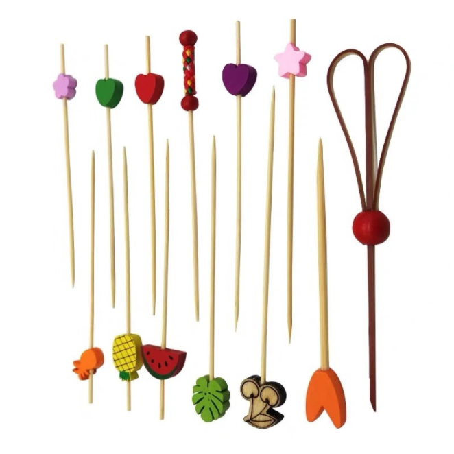 eco-friendly bamboo scissors-style fruit skewers picks for fruit snack appetizer BBQ twisted knotted zticks toothpicks