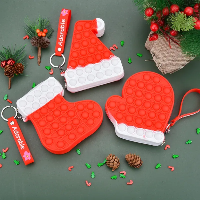 Christmas Style Silicone Push Popper Bubbles Bag Sock Glove Cap Shape Coin Pouch For Children Coin Purse Bag Case With Key Ring