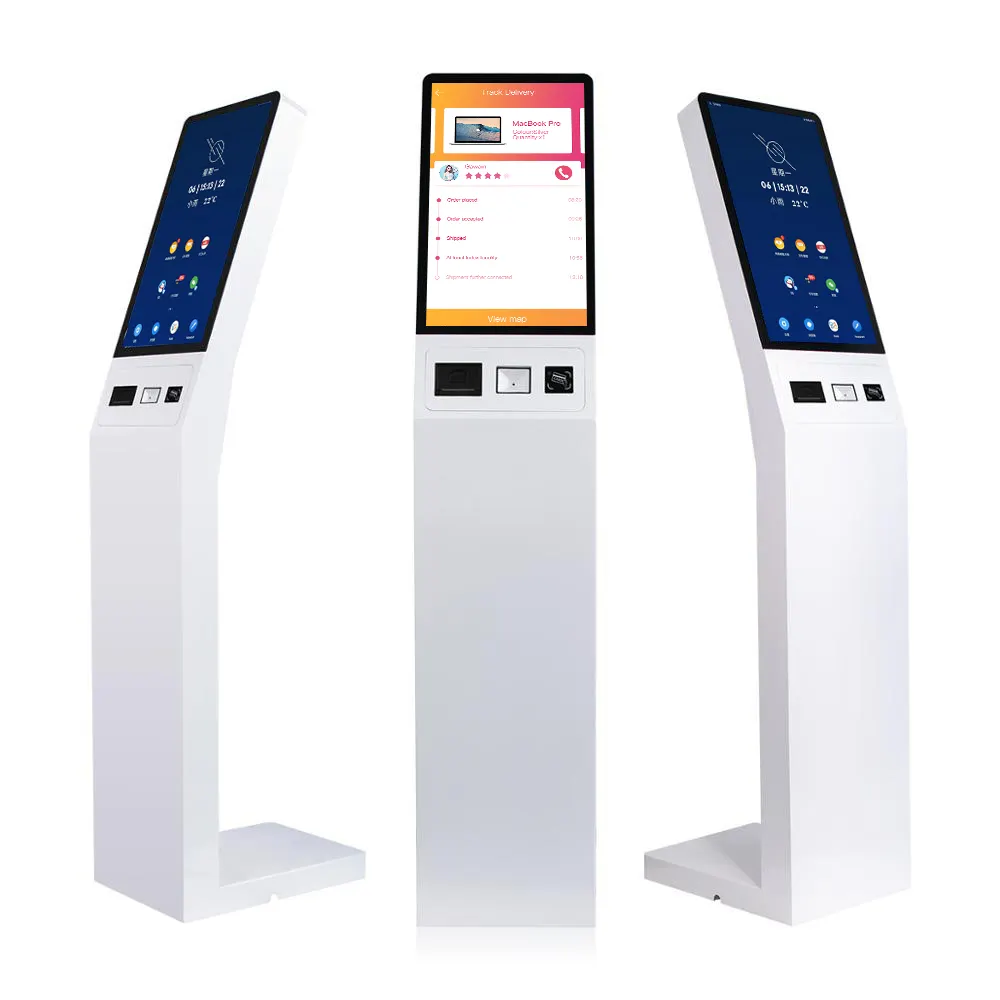 Freestanding 21.5 inch android AIO touch screen queue kiosk with Pos Barcode scanner Ticket printer options