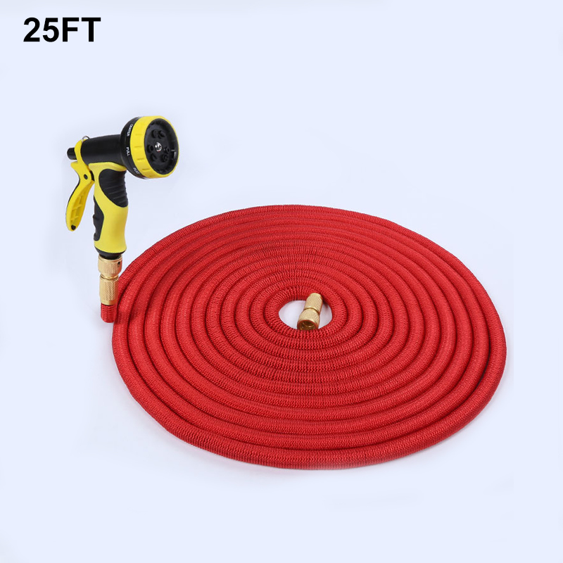 Best small 8 function nozzle gun strongest 25ft red expandable garden hose with brass connectors