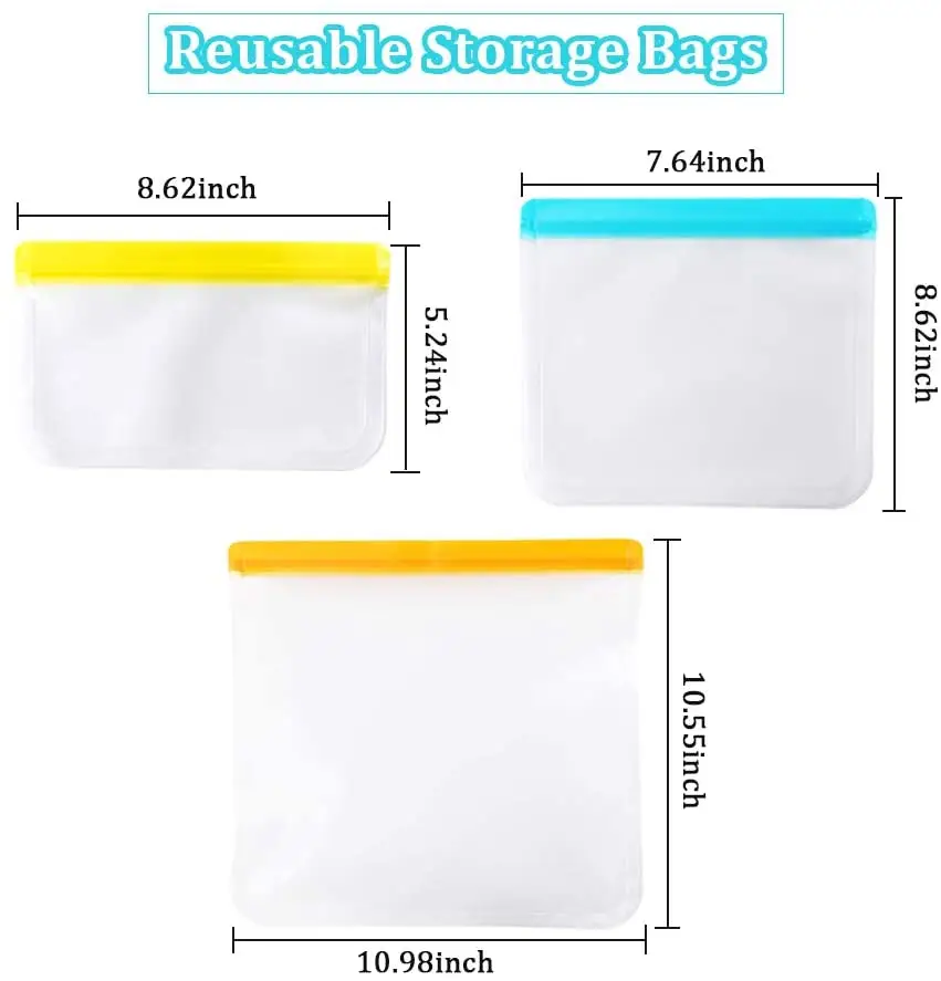 Reusable Freezer Bags Reusable PEVA Food Travel Storage Bag Leakproof Airtight BPA FREE 12 Pack Sandwich Snack Bags