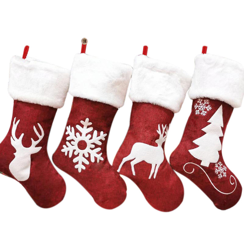 18 Inch Red Burlap Buffalo Plaid Christmas Stockings With Faux Fur Cuff Fireplace Hanging Stockings for Family Christmas Decor