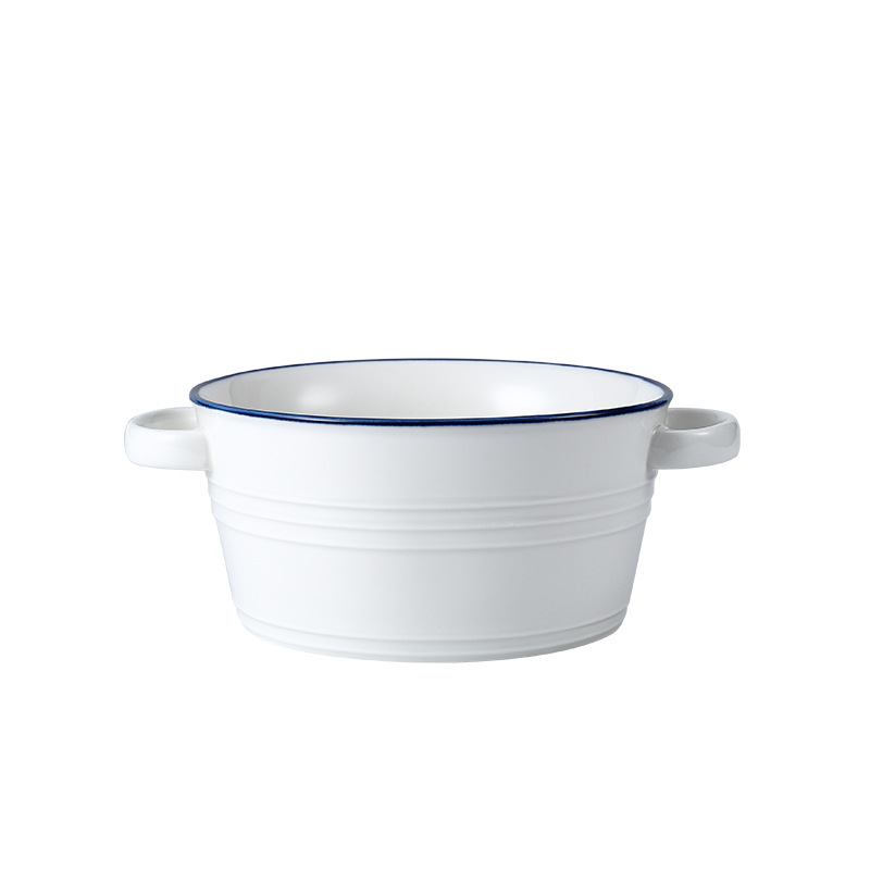 Nordic ceramic two-ear bowl simple black edge tableware household soup noodle bowl baking utensils wholesale custom