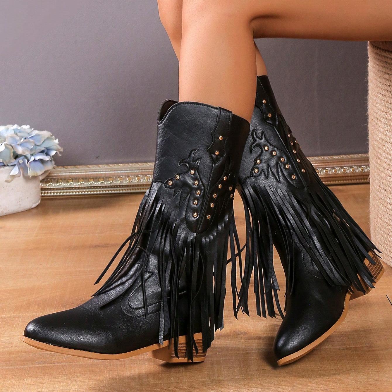 New High Quality Womens Western Cowboy Boots Fashions Retro Style Cowgirl Mid Barrel Rivet Boots