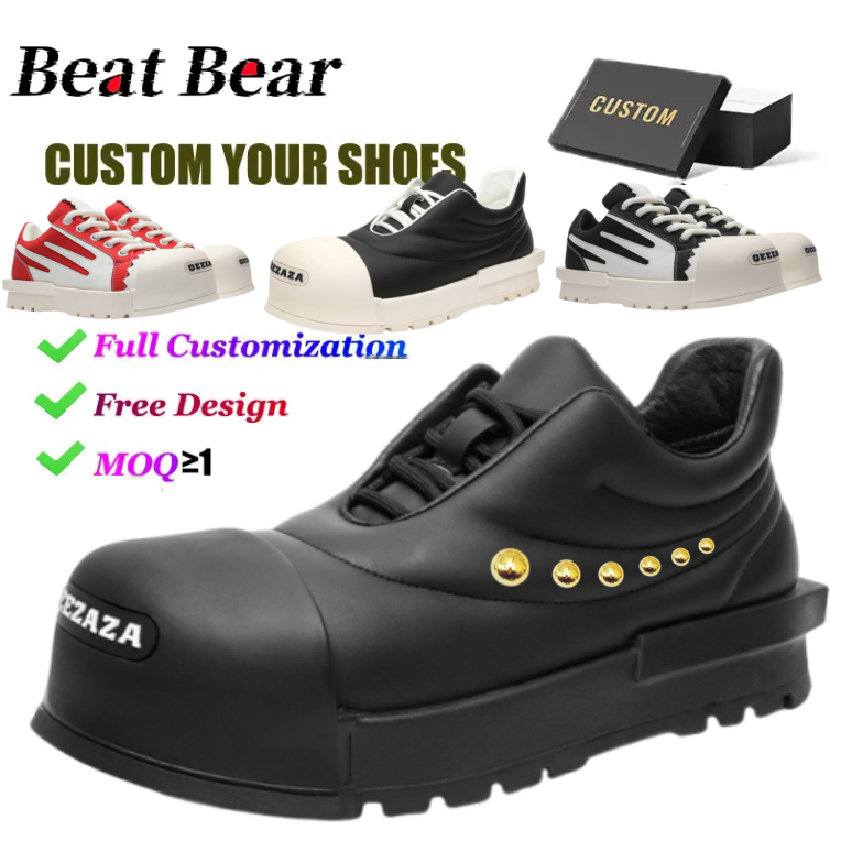 2025 Men's Big Toe Shoes with Lace-Up Closure Cute Bread Canvas Design Thick Sole Black Fat Shell Shoes