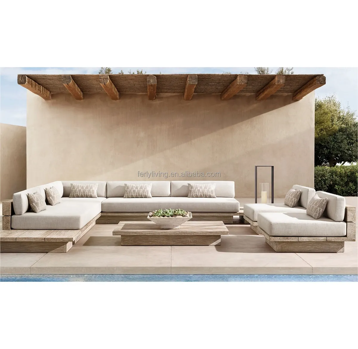 Luxury Outdoor Patio Garden Sets Wood Couch Sofa Furniture Teak Modular L-Sectional Large Cushion Modular Sofa