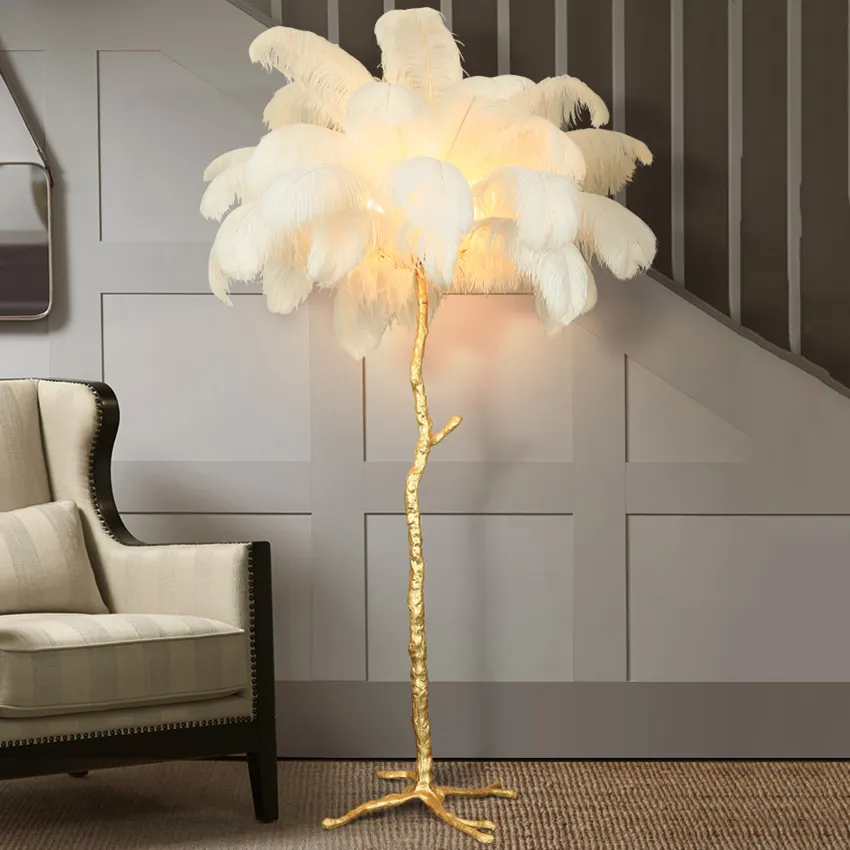 Nordic Luxury Standing Lights For Bedroom Living Room Resin Copper Feather Floor LED Lamp