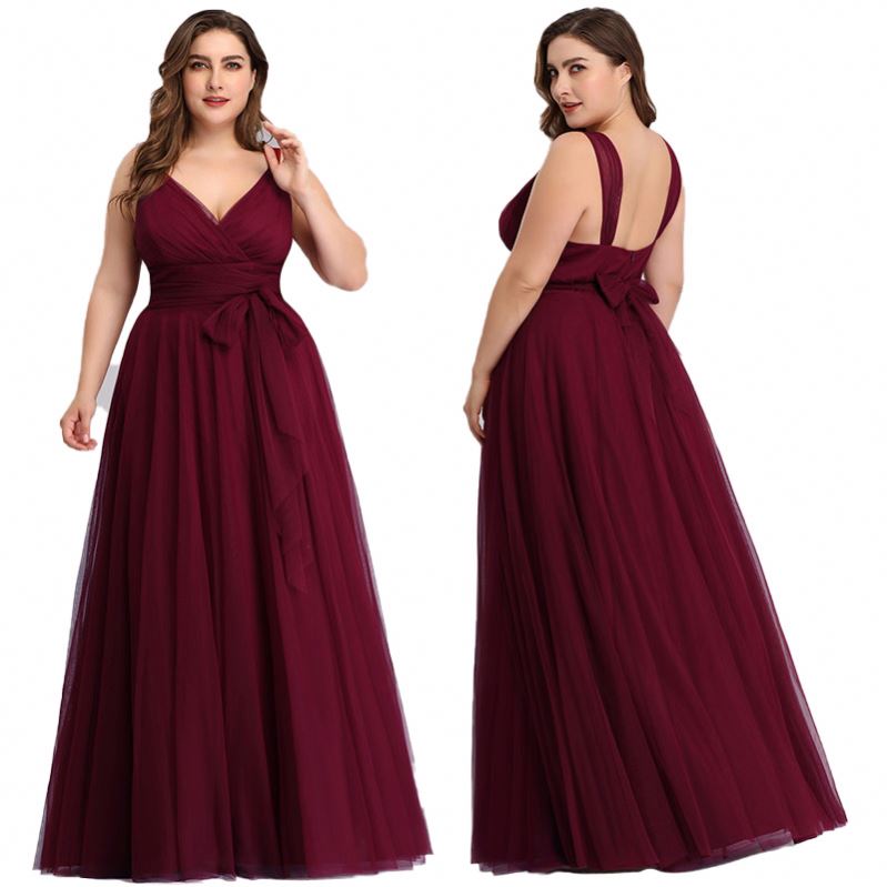 Plus Size Summer V Neck Mesh Long Bridesmaid Dress Formal Dress