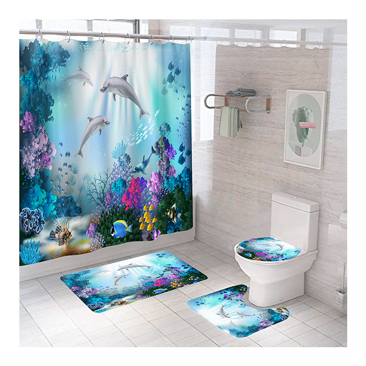 New Ocean Dolphin Digital Printing Designers Waterproof Bathroom Shower Curtain Sets with Rugs