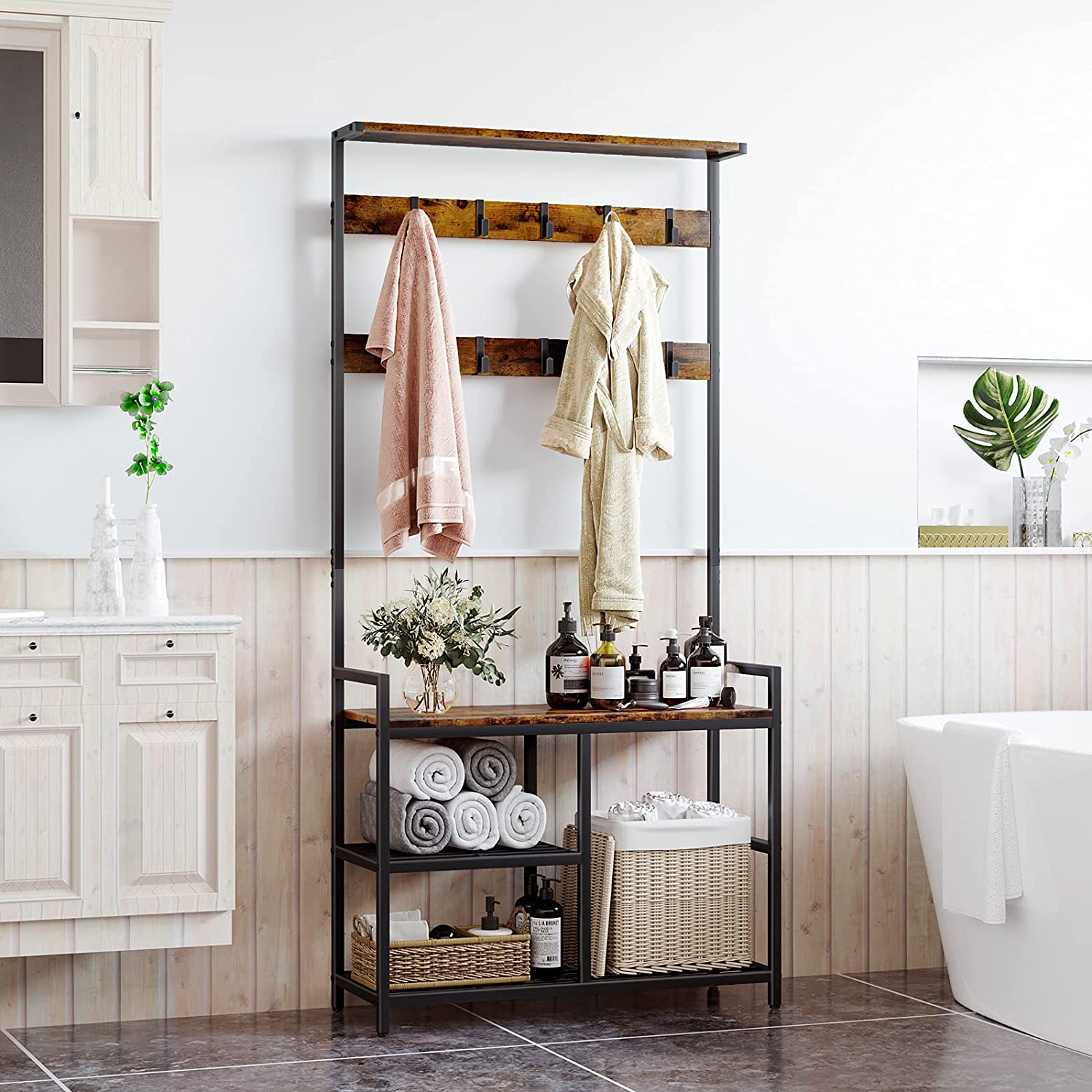 Coat hanger bench lobby tree with 10 hooks  entrance storage rack  1 shelf and 3 shoe racks