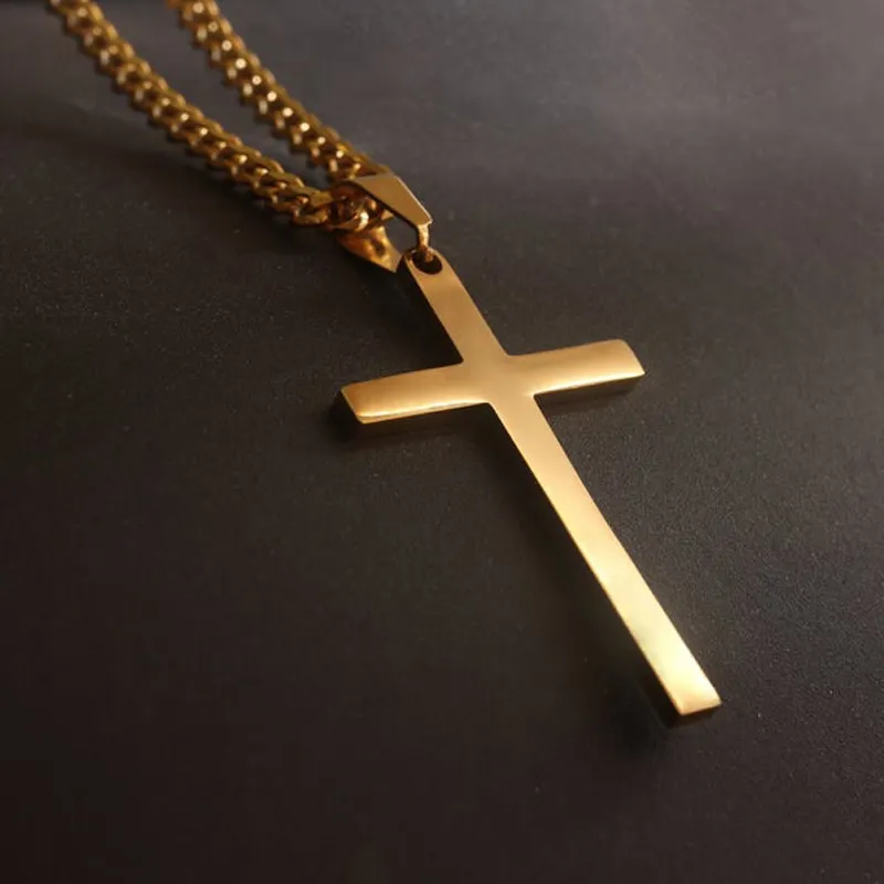 Street Style Men Gold Plain Cross Necklaces 42mm Stainless Steel Chunky Cross Crucifix Pendant Cuban Chain Cross Necklace