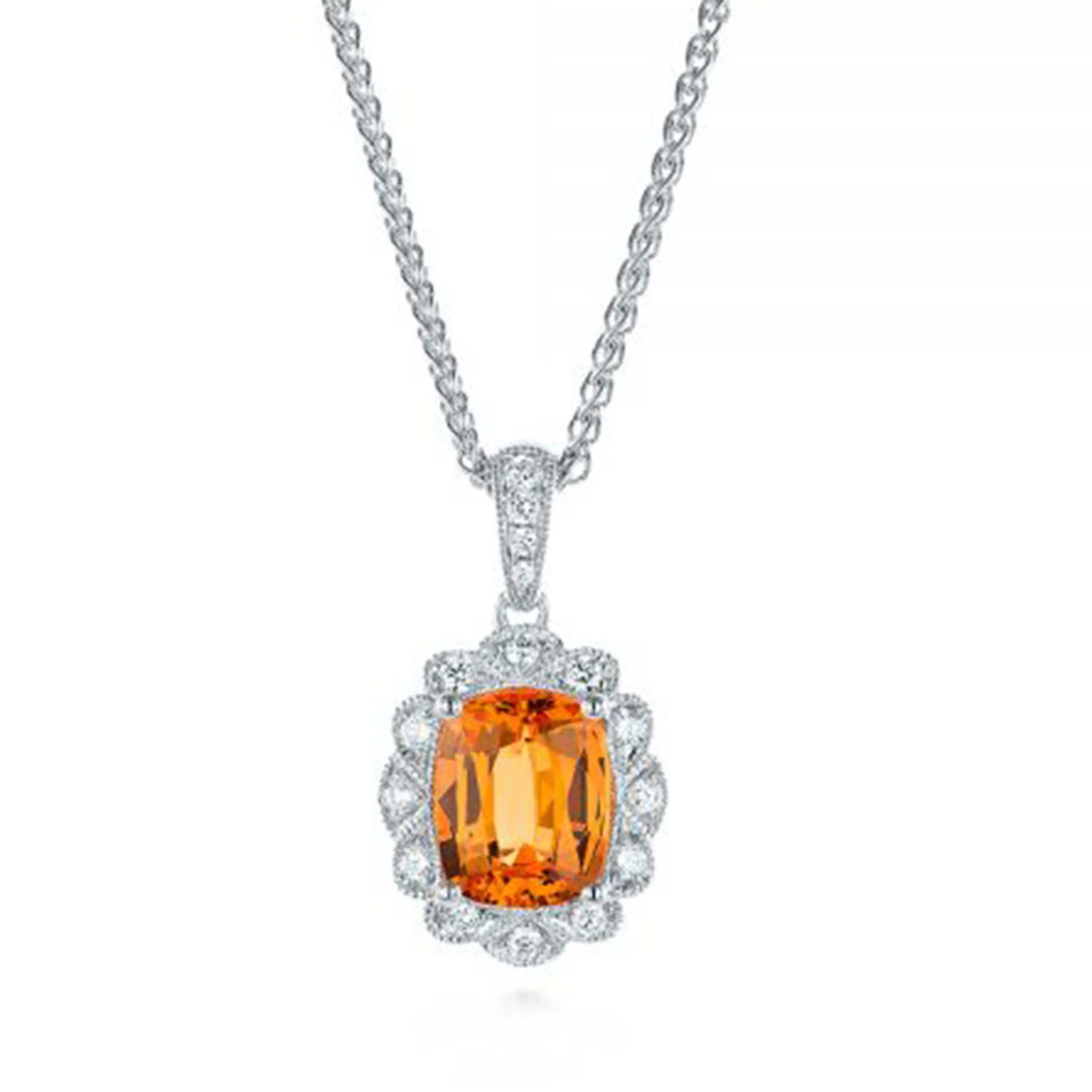 Wholesale 925 Sterling Silver White Zircon Halo With Orange Color Sapphire Pendant For Girls