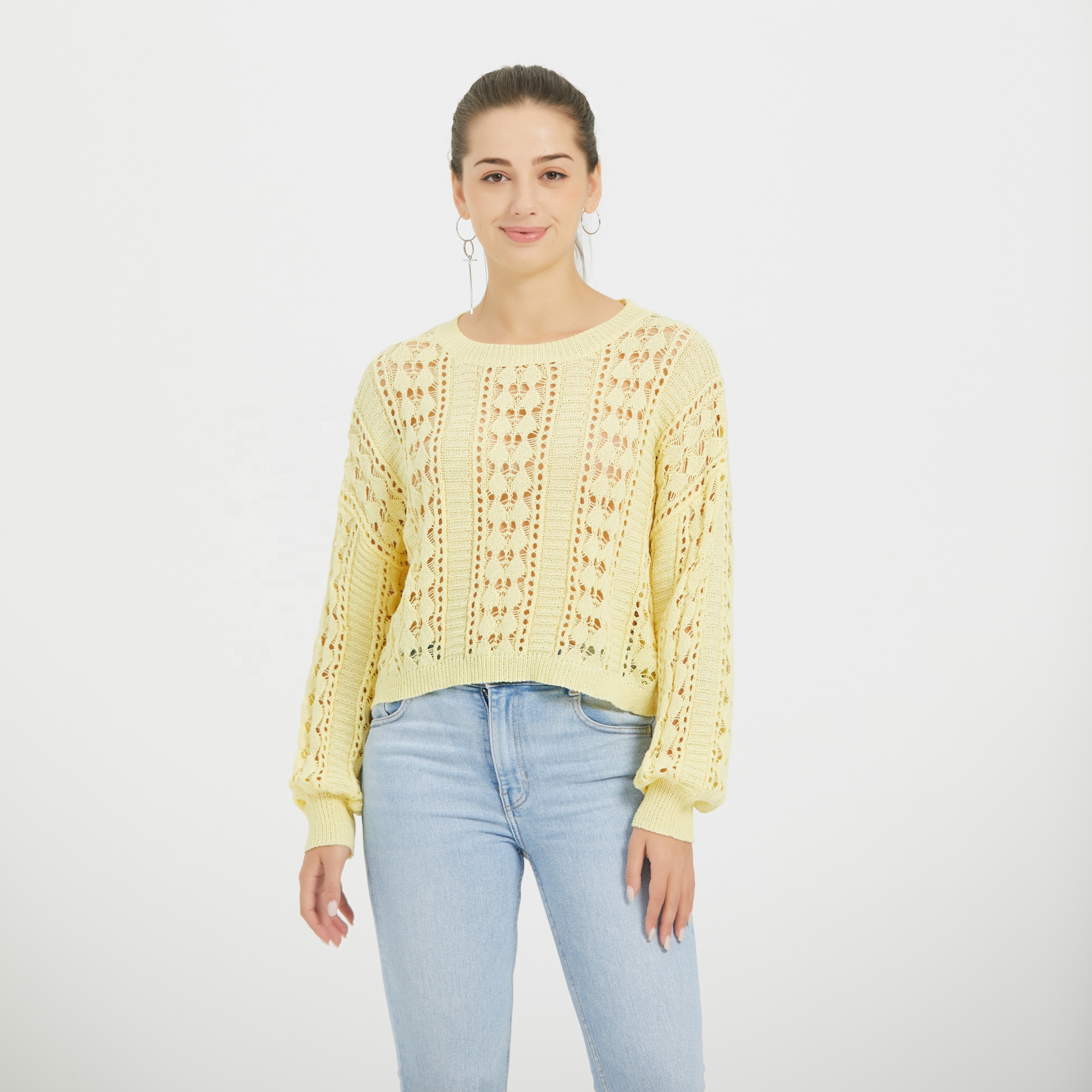 2021 Custom Crew Neck Light Loose Ladies Pullover Pointelle Knit Spring Women Sweaters