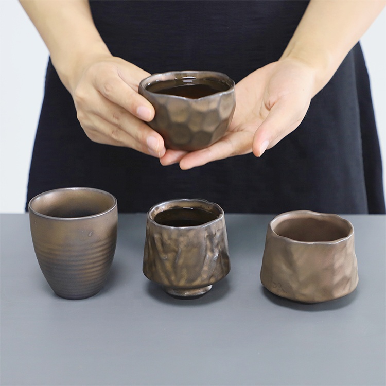 Clay cup mugs, High Quality Retro Ceramic Stone Tea Cup Coarse Pottery Retro Chinese Tea Cup Set Wholesale