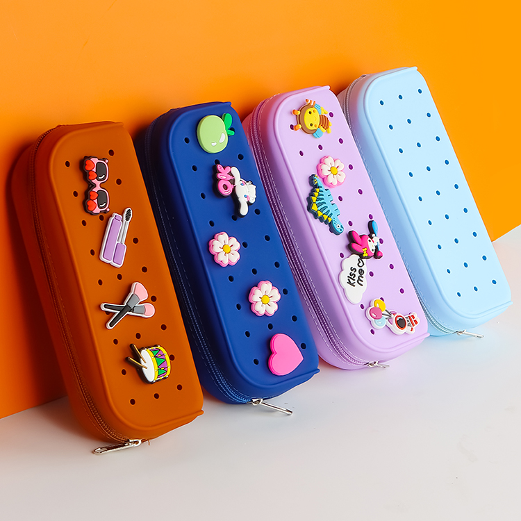 Custom Logo Croc Hole Silicone pencil case school stationery kids creative DIY pen bag multifunction storage pouch