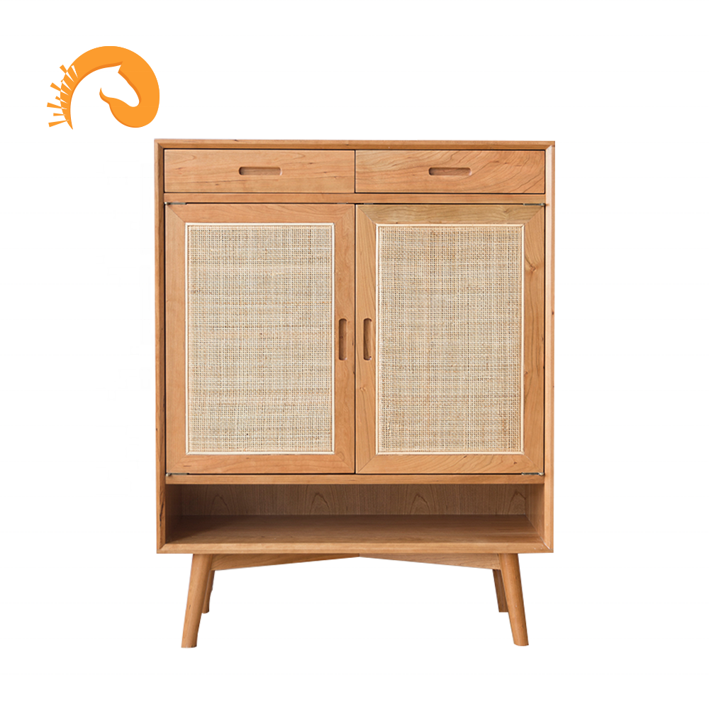 Nodic style Shoe ark solid wood Woven rattan element cherry wood store content ark porch ark bookcase cabinet