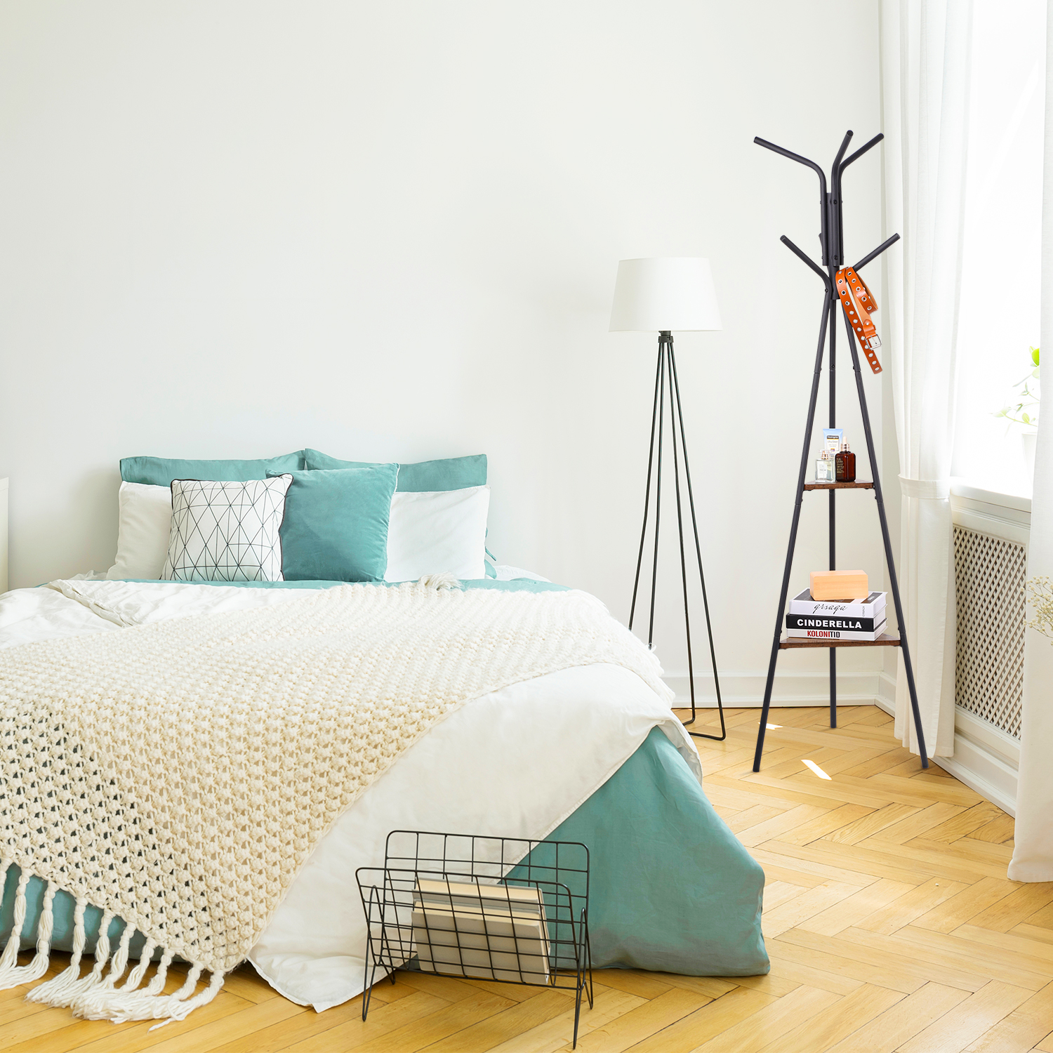 Coat Rack Stand  Coat Tree  Hall Tree Free Standing  Industrial Style  with 2 Shelves  for Clothes  Hat  Bag