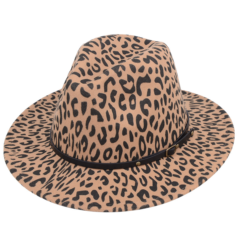 Winter Spring Fashion Slim PU Strap Decoration Leopard Print Wide Brim Felt Fedora Hat