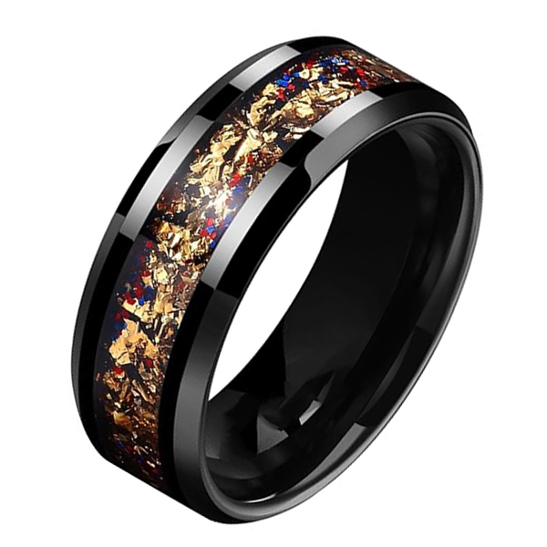Luxury men tungsten ring inlay gold foil 8mm black plated men wedding band gold foil inlay tungsten ring