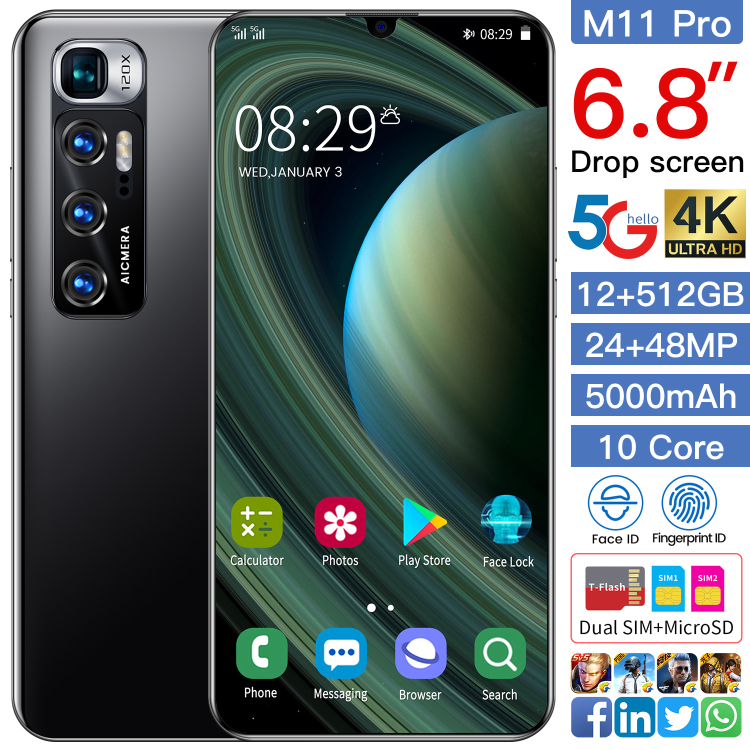 Разблокированный смартфон M11 Pro с функцией распознавания лица и двумя SIM-картами, Android 2021, 12 Гб + 10,0 ГБ, 512 дюйма, новинка 6,8