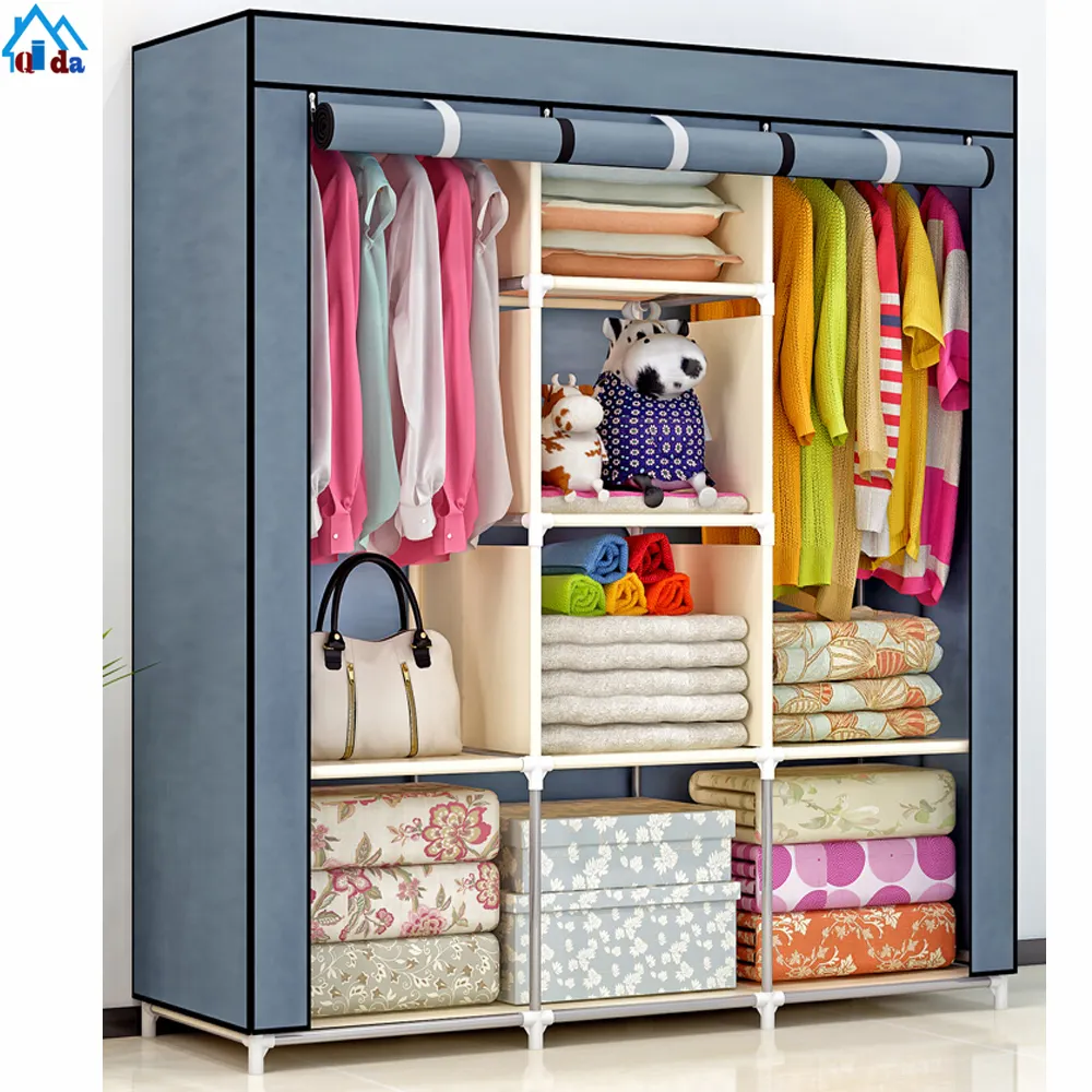 Simple assembled iron tubes cabinet Non-woven folding wardrobe with wheel Portable bedroom furniture