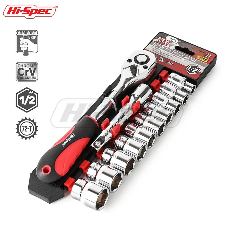 Hispec 12pc 1/2" Metric Wrench Socket Set Motorcycle Tool Kit with 72 Teeth Ratchet Drive Socket Handle &Quick Release Function
