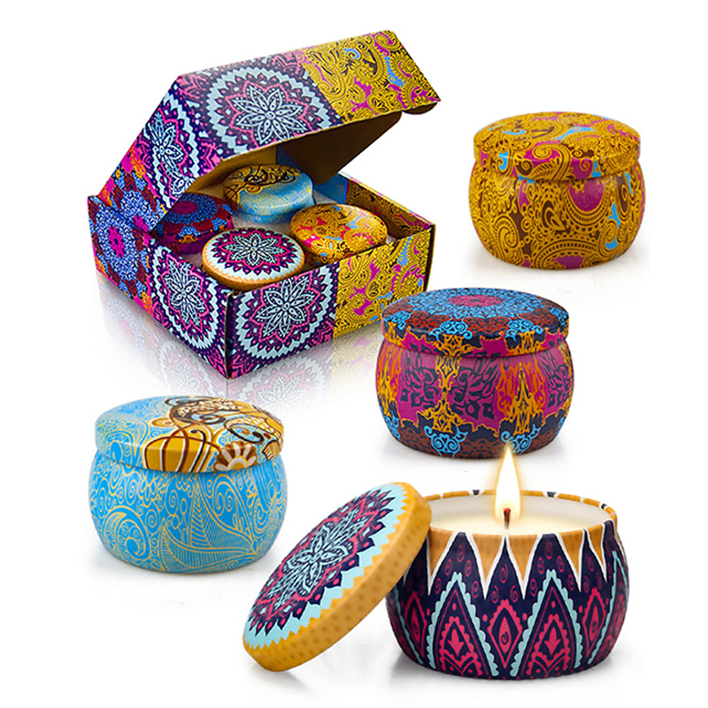 Hot Sales Custom Private Label Hand Made Home Fragrance Tin Candle Candle Gift Set 4 Pack with Dried Flowers Scented Candles