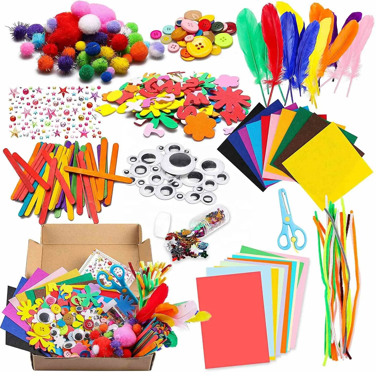 1000Pcs DIY Art Craft Sets Supplies for Kids Crafting Supplies Kits Pipe Cleaners-Colour Felt- Glitter Poms- Feather-Buttons