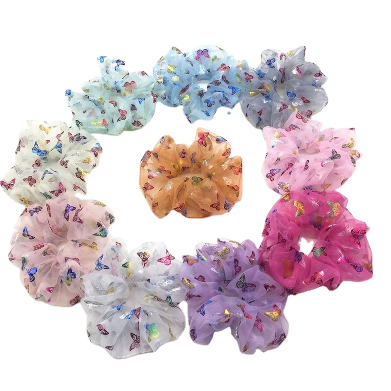 Hot Sale New Design Over Size Laser Butterfly Printing Organza Hair Scrunchies Sweet Ponytail Holder Hair Accessories For Women
