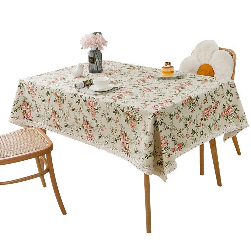 DUOLAI Floral Design Cotton Tablecloth With 6 Matching Napkin Set Home Decor Table Linen Easy To Clean Wedding Party Decorative