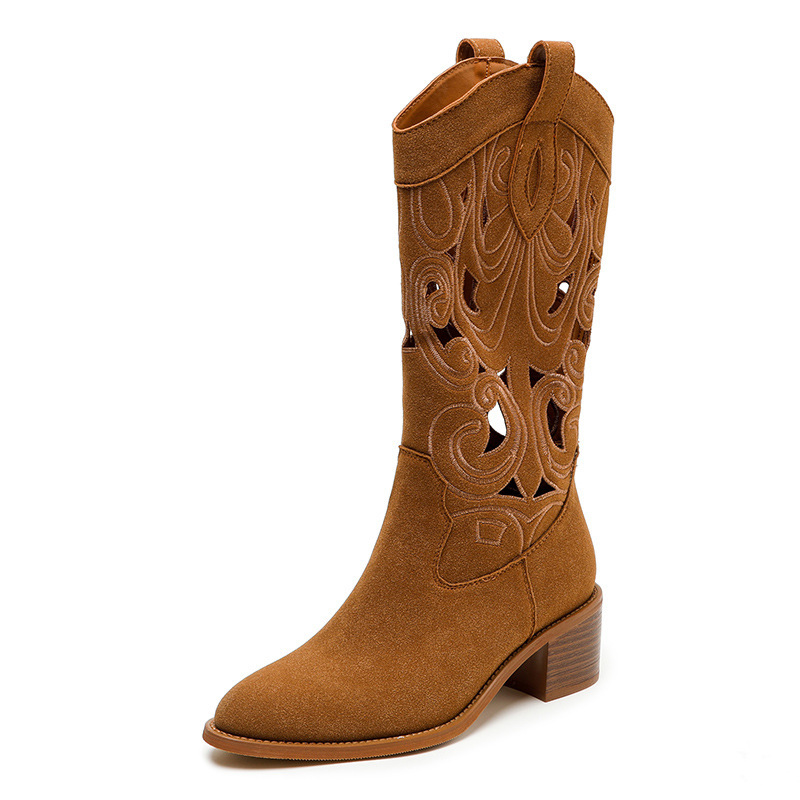 Western Cowboy Thick Heel V-neck Embroidered Hole Knight Boots Retro Breathable Women's Boots