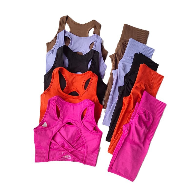 Wholesale Custom Logo Seamless Solid Color Cross Back Sportswear Bra Vest Yoga Set Running Fitness Set Two-piece Set for Women