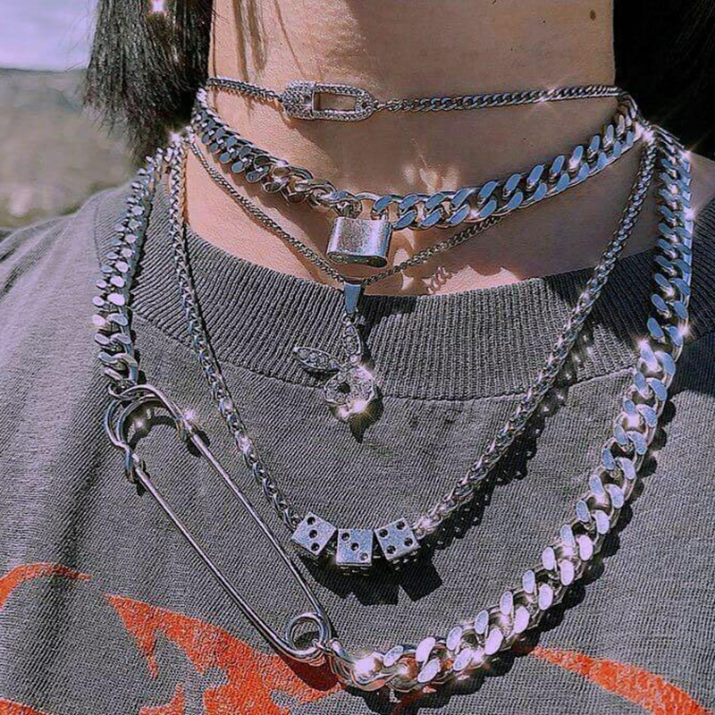 Liberty Gifts safety pin dice lock high quality thick bling rhodium color cuban silver hip hop chain grunge necklace jewelry