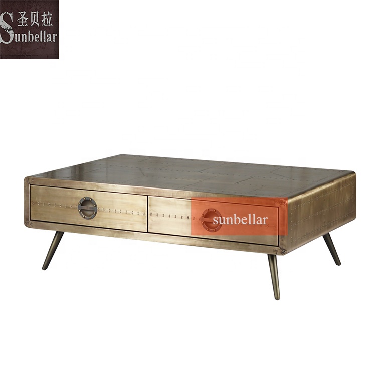loft industry style coffee table luxury brass metal copper bronze center table with storage drawers American vintage furniture