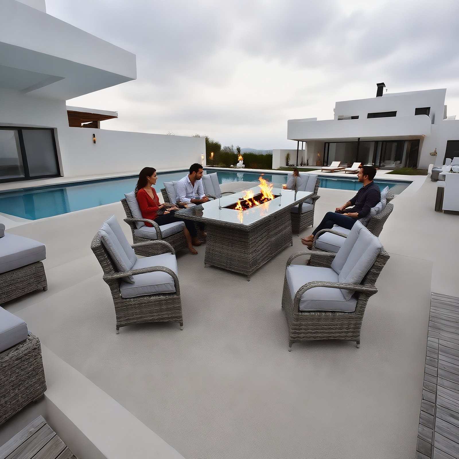 Wicker Patio Furniture 8 Sets with Fire Pit Table, Outdoor Rattan Patio Sofa Porch Furniture Set with Washable Cushions