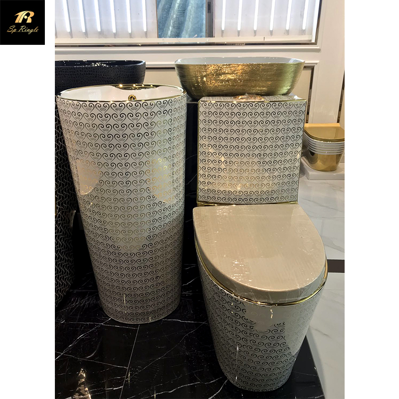 European style decorative custom anti-blocking multicolor ceramic sanitary toilet bowl and sink set