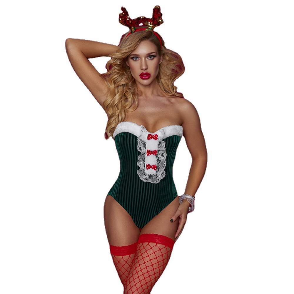 The new Halloween costumes sexy underwear uniform seduction elk headgear mesh stockings sleeve jumpsuit fun set Christmas dress
