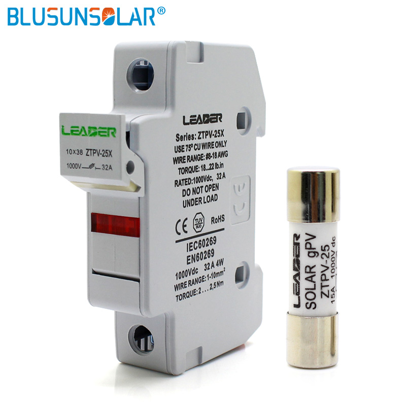 PV Solar Fuse 1000V DC Fusible 10x38mm gPV LED Fuse Holder for Solar System Protection ZTPV-25X